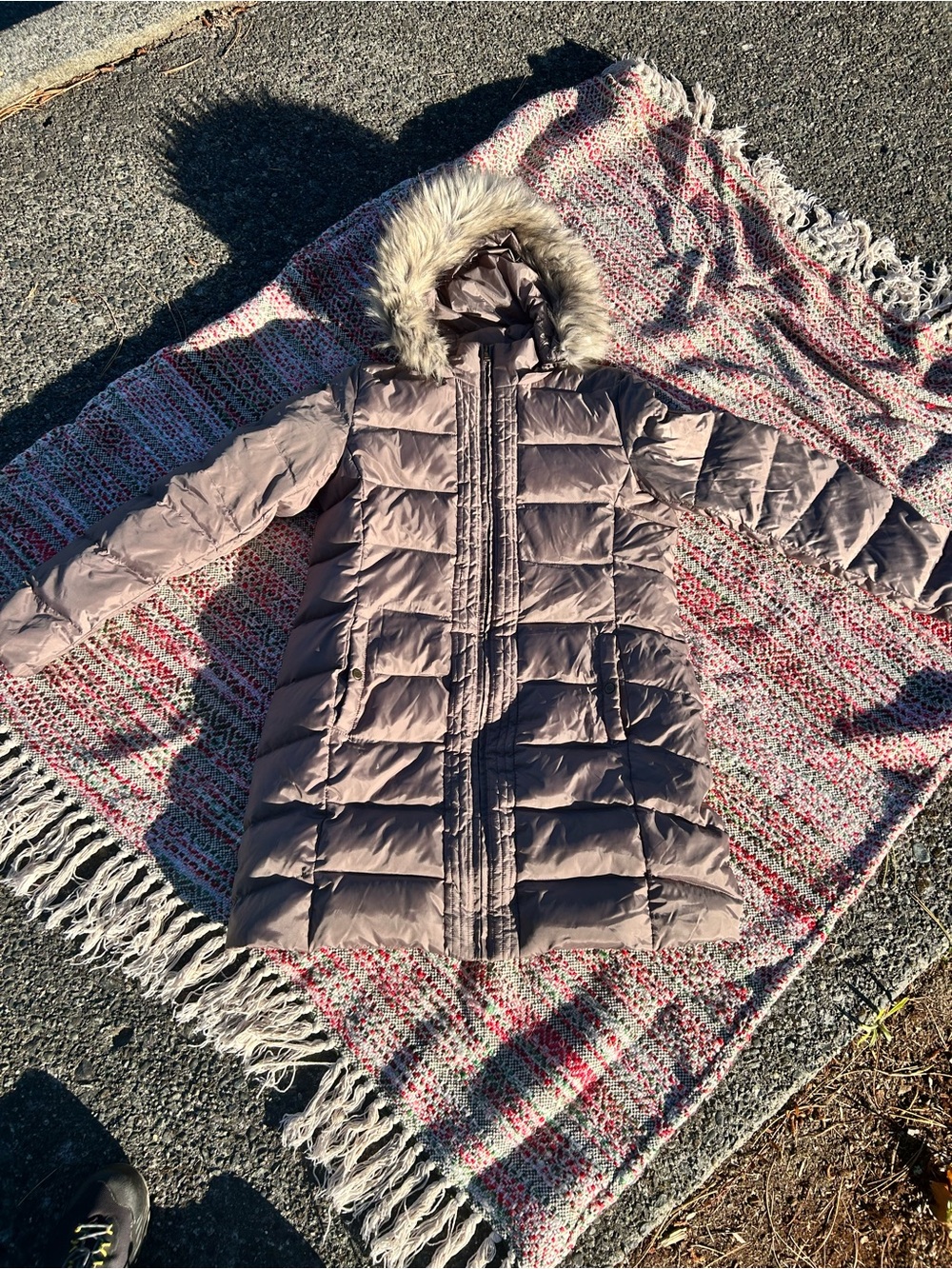 Ralph Lauren Long Taupe Puffer Coat with Faux-Fur Hood